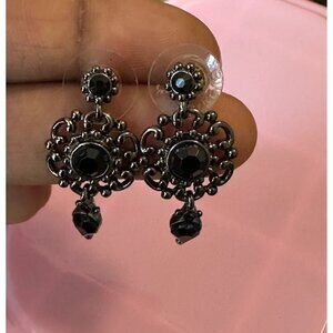 Swarovski Black Crystal Drop Earrings With Intricate SilverTone Filigree Design